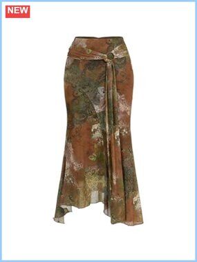 Boho Paisley Print Mesh Fishtail Maxi Skirt Elastic Waist Tie Knot Front